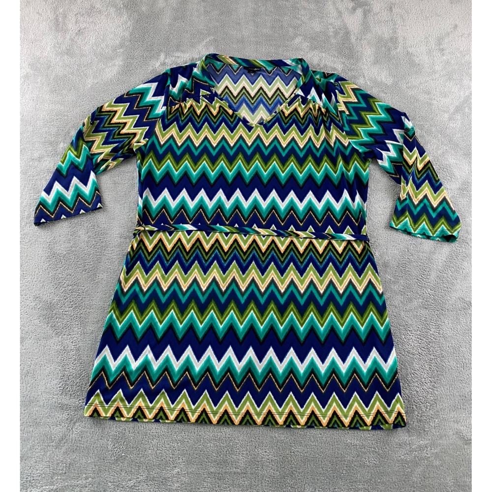 East 5th Womens Blue Green Chevron Zigzag V-Neck Tunic‎ Top 3/4 Tab Sleeve Large